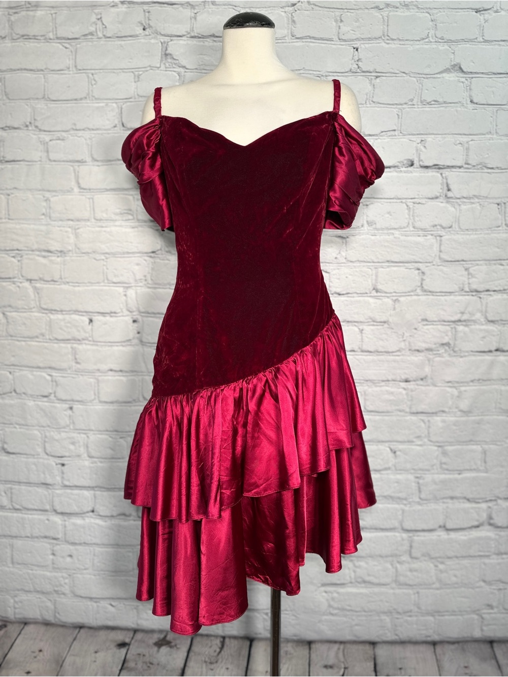 Zum Zum by Niki Livas Burgundy Velvet and Satin Ruffle Prom Dress